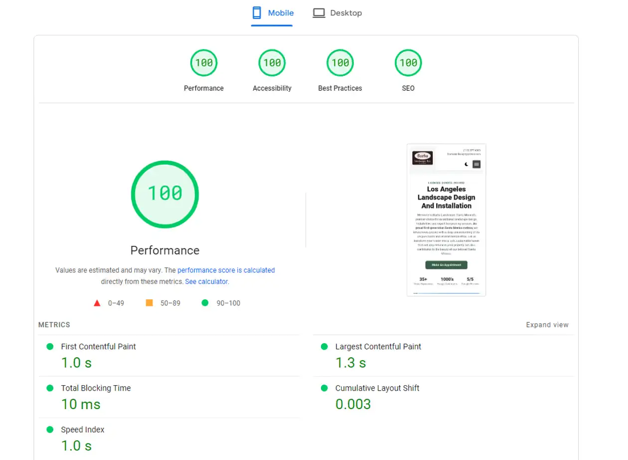 Screenshot showing perfect Google Pagespeed Scores