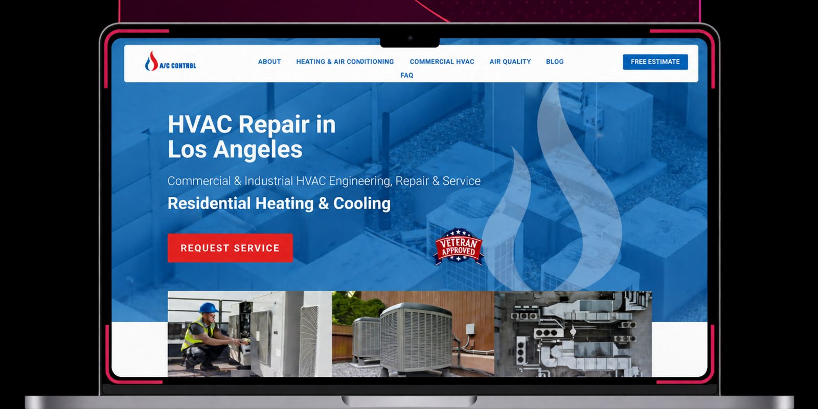 SEO website preview on a laptop for contractor website pages.