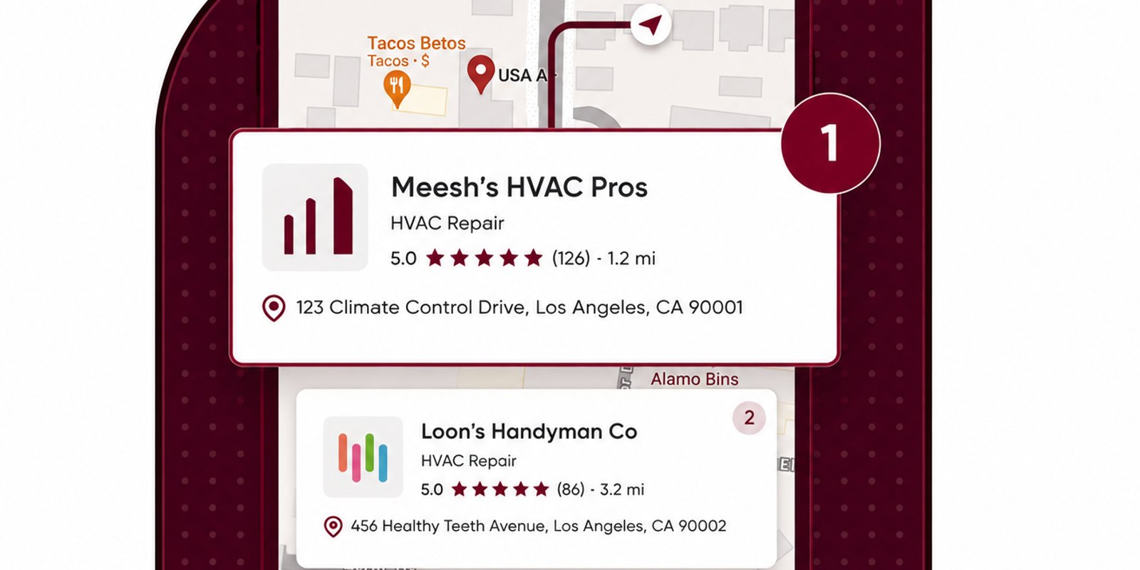 Local SEO product visual showing review, Google profile, and website activity.