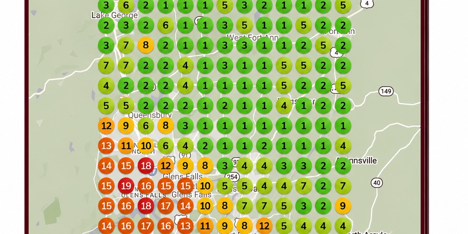 Green Google Maps ranking grid used to track contractor map pack visibility.