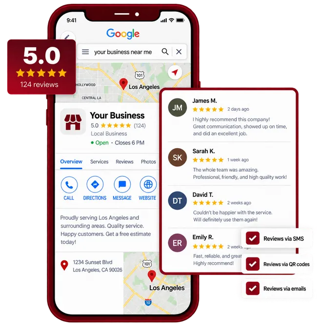Illustrative example of customer reviews and review requests on a phone
