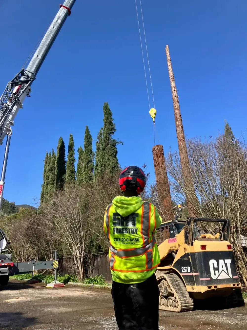 An SRT Forestry crew member directing crane work