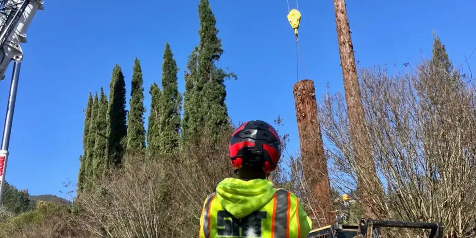 An SRT Forestry crew member directing crane work at a tree service project.